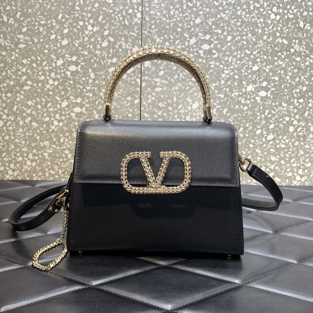 Valentino Garavani Vsling Small Handbag in Black Grainy Calfskin 